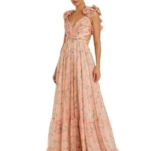 Mac Duggal Floral Chiffon Gown Ruffle Tiered Corset Back Maxi Dress 6 Prom 68137